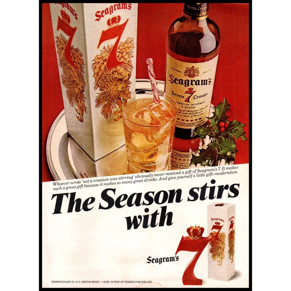 1982 Seagram's Seven 7 Crown Whiskey Vintage Print Ad Christmas Holly Wall Art